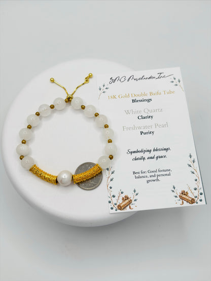 18K Gold Double Lucky Baifu Tube Pearl White Quartz Bracelet  ( Hollow Empty Inside)