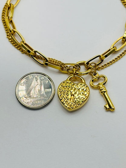 K18 Japan Gold Double Bracelet with Hearth & key Charm Bracelet