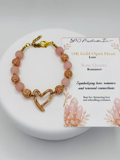 18K Rose Gold Open Heart Rose Quartz Bracelet (Electroform Heart)