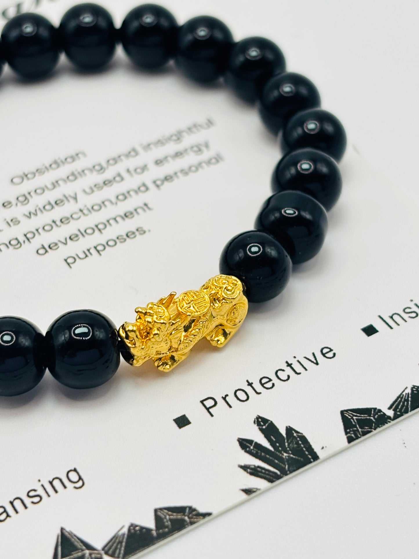 18K Gold Lucky Piyao/ Pi Xiu Black Obsidian Stone ( Hollow Empty Inside) Medium Size