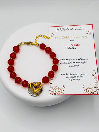 18K Gold Open Heart Red Agate Bracelet (Electroform Heart)