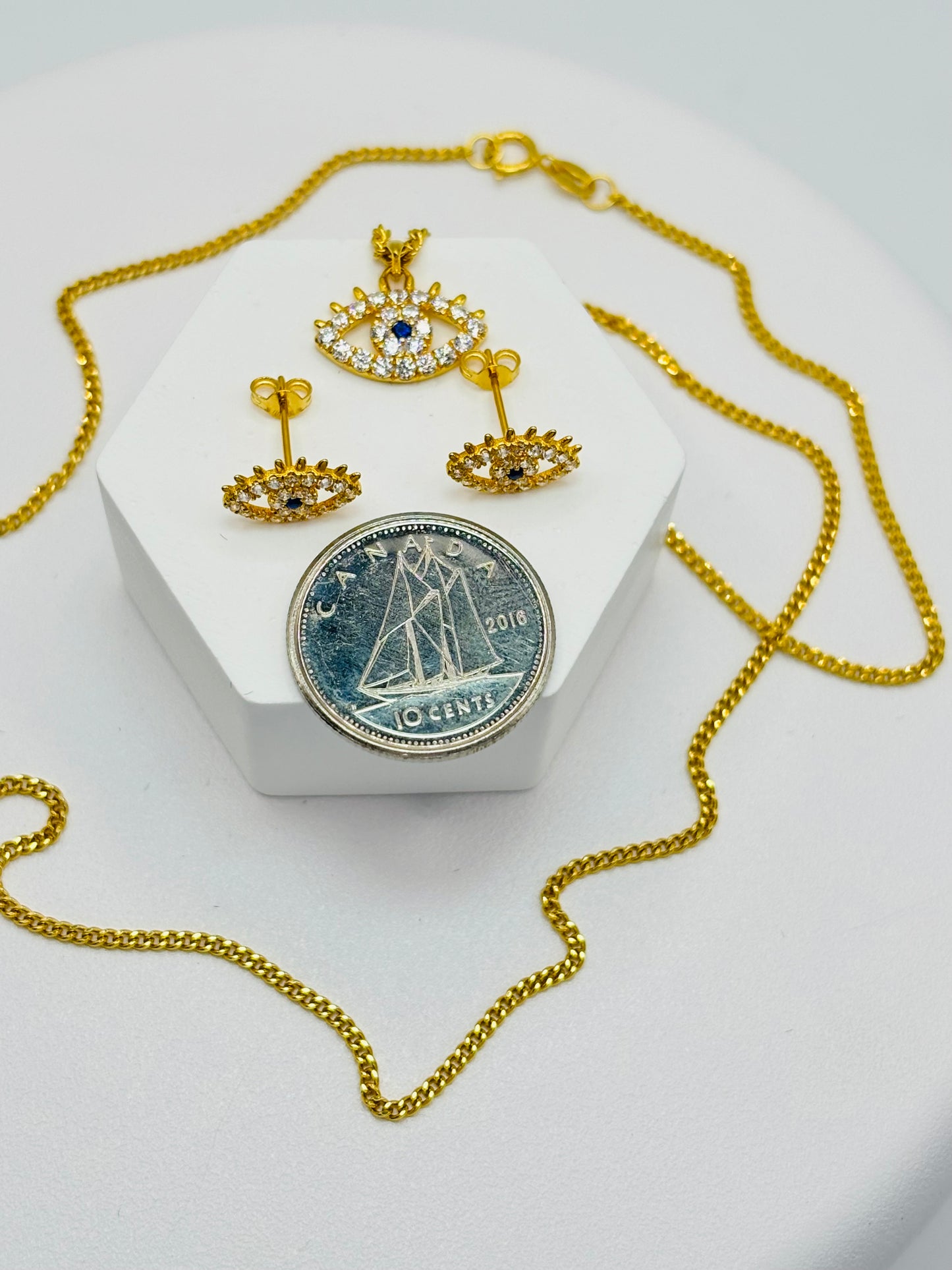 18K Gold Evil Eye Earrings and Necklace Set
