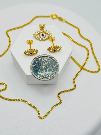 18K Gold Evil Eye Earrings and Necklace Set