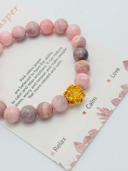 18K Gold Lucky Lotus Flower Bracelet Pink Zebra Jasper Stone ( Hollow Empty Inside)