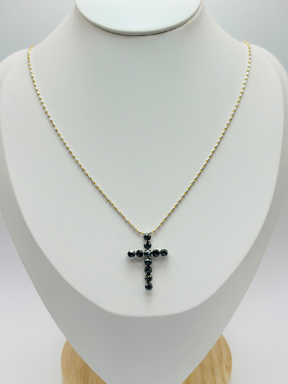 18K Gold Black Natural Diamond Cross Necklace