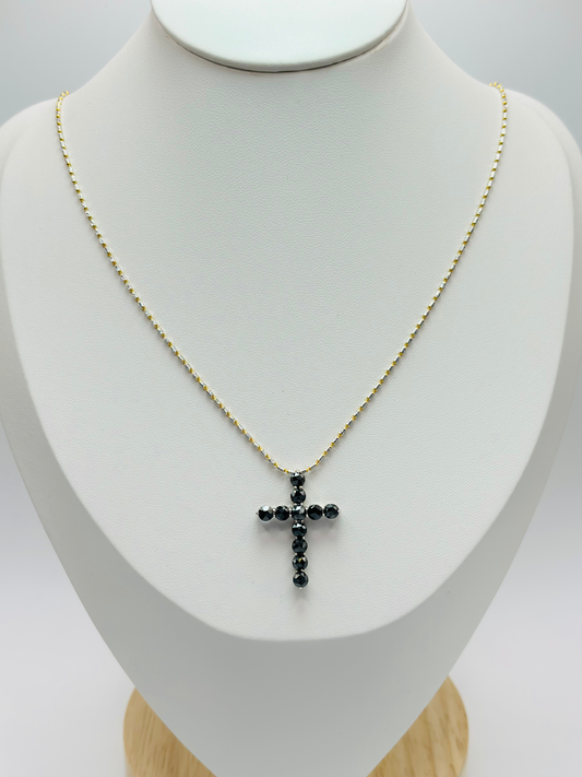 18K Gold Black Natural Diamond Cross Necklace