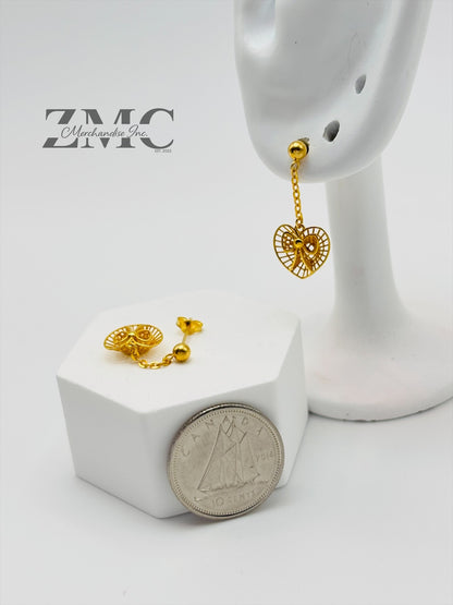 18K Gold Heart Dangling Earrings
