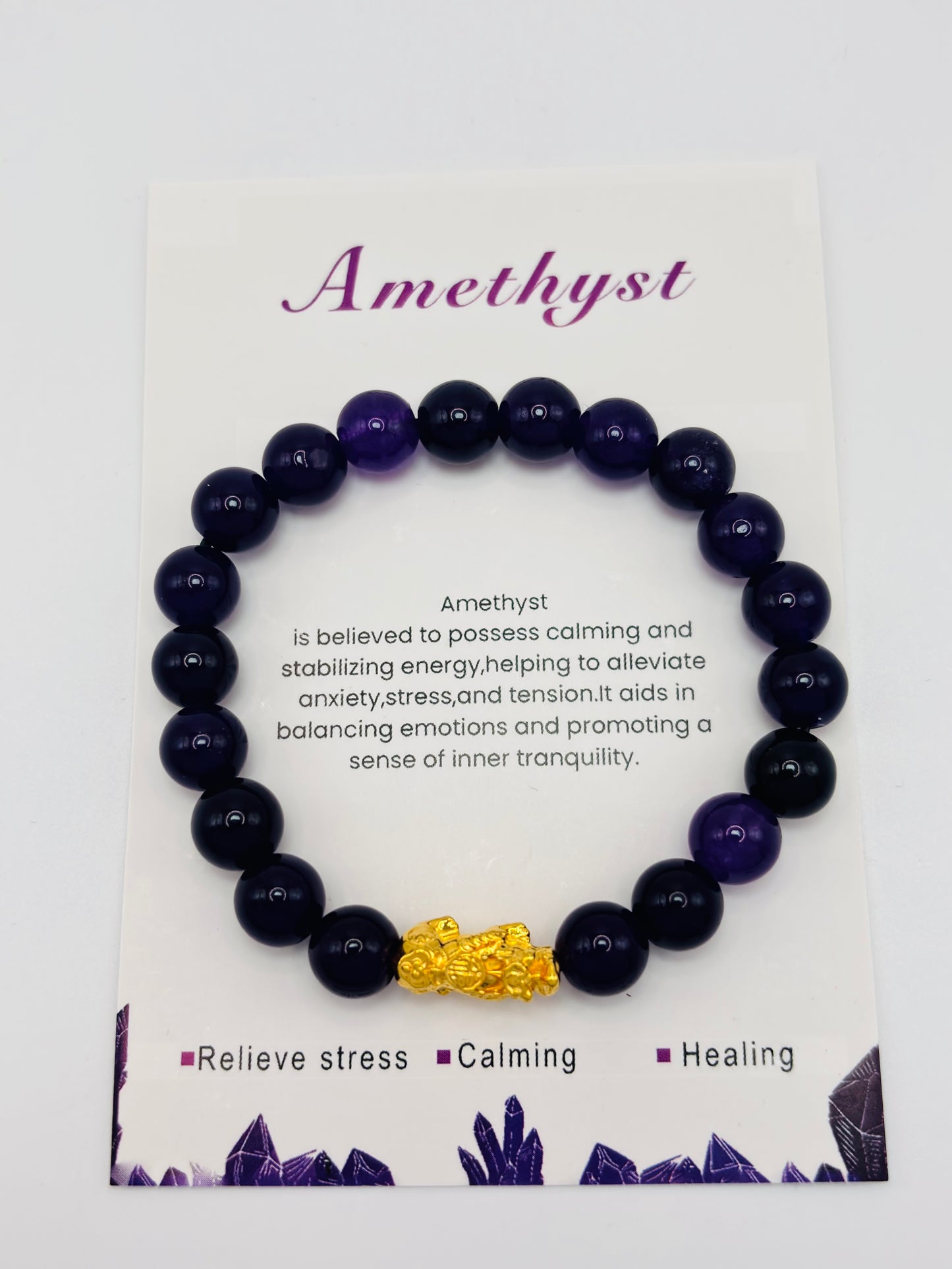 18K Gold Lucky Piyao/ Pi Xiu Black Amethyst Stone ( Hollow Empty Inside) Medium Size