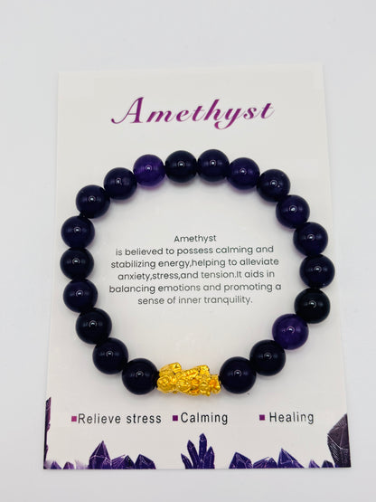 18K Gold Lucky Piyao/ Pi Xiu Black Amethyst Stone ( Hollow Empty Inside) Medium Size