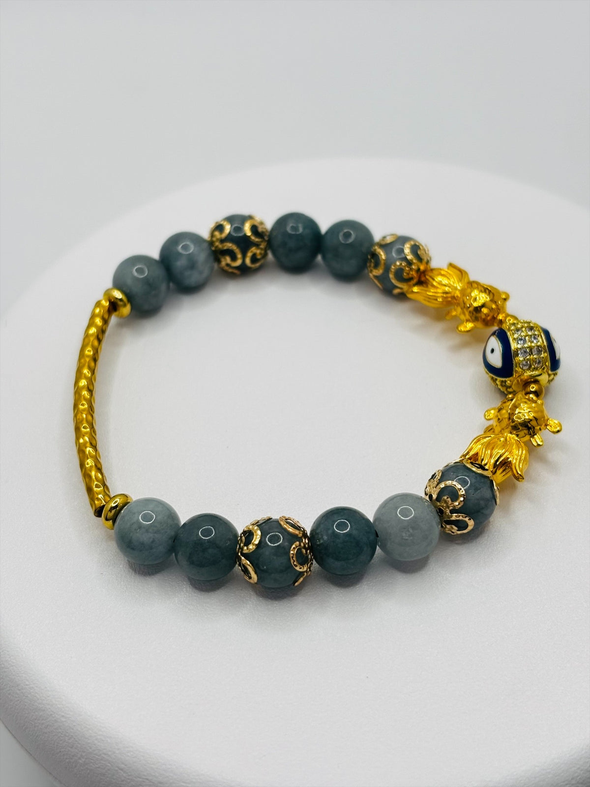 18K Gold Lucky Double Koi Fish Burmese Green Jasper Bracelet  ( Hollow Empty Inside)