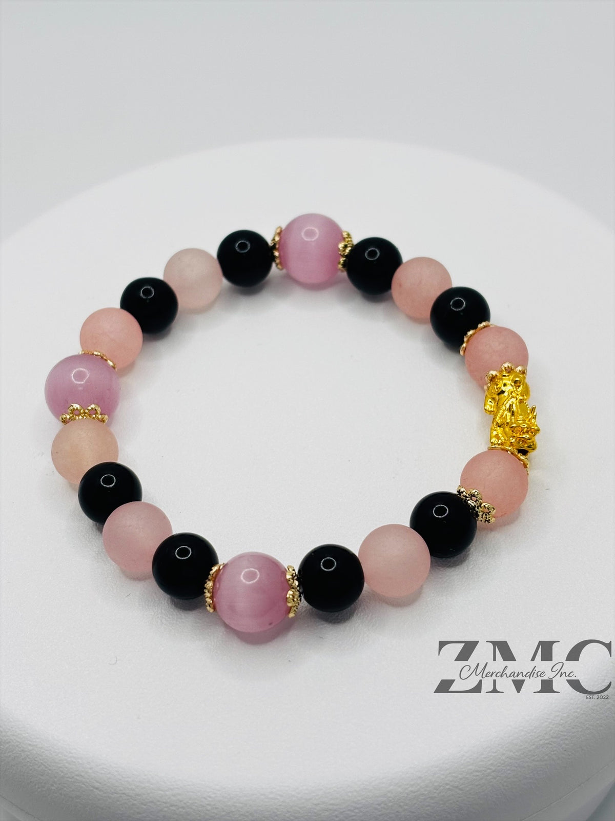 18K Gold Lucky Piyao/ Pi Xiu  Rose Quartz, Onyx Bracelet ( Hollow Empty Inside) Small