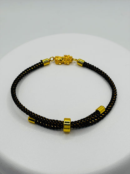 18K Gold Lucky Piyao/ Pi Xiu Gold/Black String Bracelet ( Hollow Empty Inside) Small