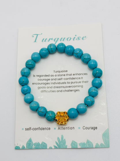 18K Gold Lucky Lotus Flower Bracelet Turquoise Stone ( Hollow Empty Inside)