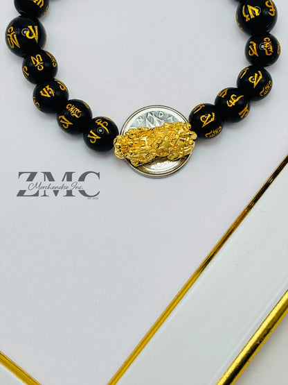 18K Gold Lucky Piyao/ Pi Xiu  Bracelet Black Mantra ( Hollow Empty Inside) Large