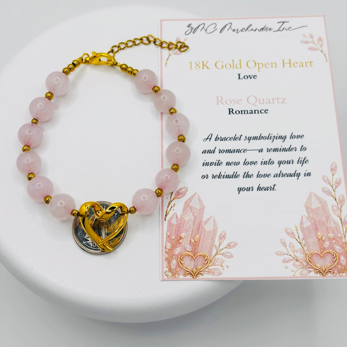 18K Gold Open Heart Rose Quartz Bracelet (Electroform Heart)
