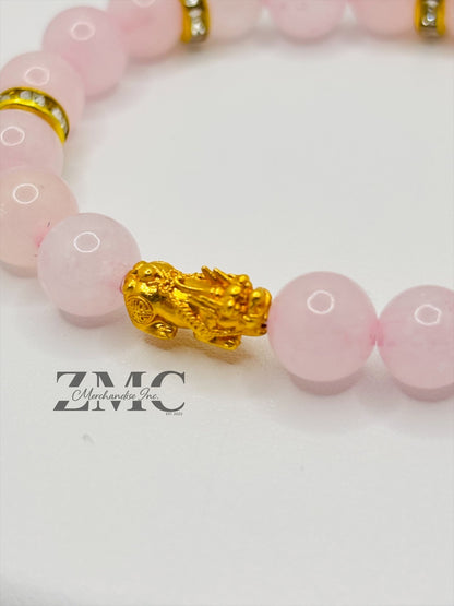 18K Gold  Lucky Piyao/ Pi Xiu Rose Quartz Stone  ( Hollow Empty Inside) Small