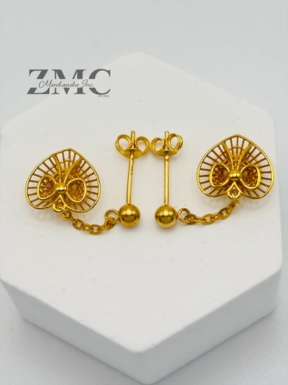 18K Gold Heart Dangling Earrings