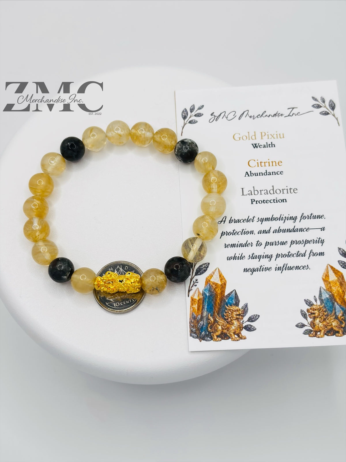 18K Gold Lucky Piyao/ Pi Xiu Citrine Labradorite Bracelet ( Hollow Empty Inside) Medium