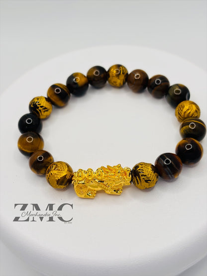 18K Gold Lucky Piyao/ Pi Xiu  Bracelet Tiger Eye Dragon Stone( Hollow Empty Inside) Extra Large Glossy