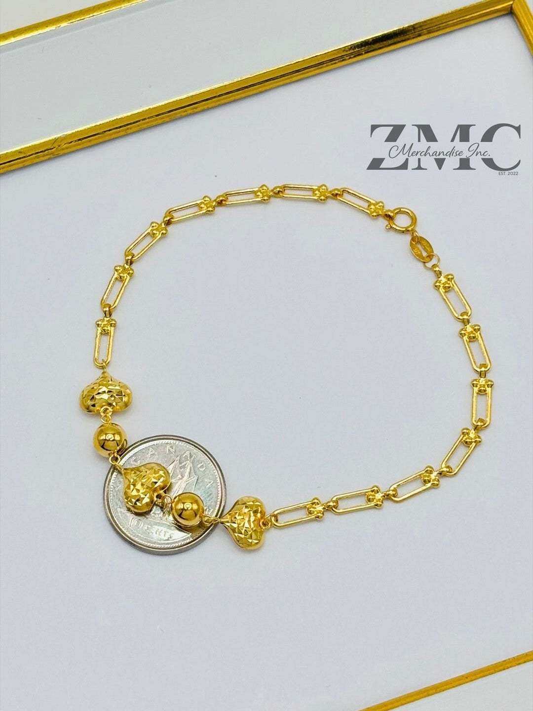 18K Gold Heart and Ball Diamond Cut Flat Hardware Bracelet