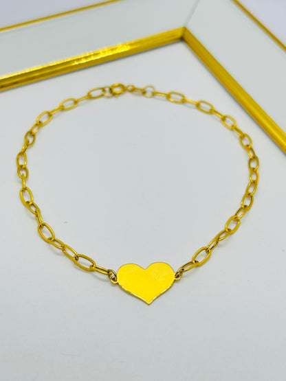 18K Gold Paperclip with Attached Heart Bracelet