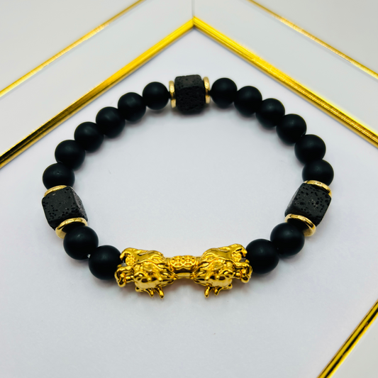 18K Gold  Lucky Dragon Bracelet Lava, Black Obsidian Stone  ( Hollow Empty Inside) XXL