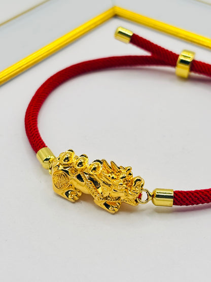 18K Gold Lucky Piyao/ Pi Xiu  Bracelet Red String( Hollow Empty Inside) Extra Large