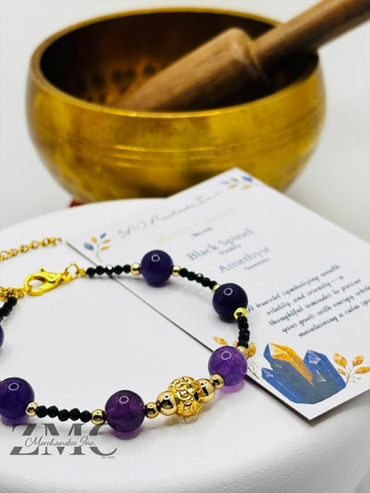 18K Gold  Lucky Money Catcher Ball Amethyst Black Spinel Stone  ( Hollow Empty Inside)