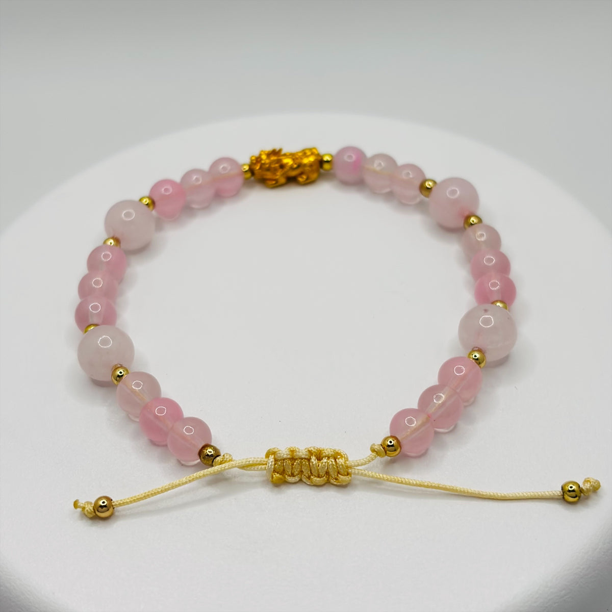 18K Gold Lucky Piyao/ Pi Xiu Rose Quartz String Bracelet ( Hollow Empty Inside) Small