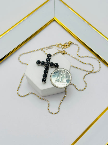 18K Gold Black Natural Diamond Cross Necklace