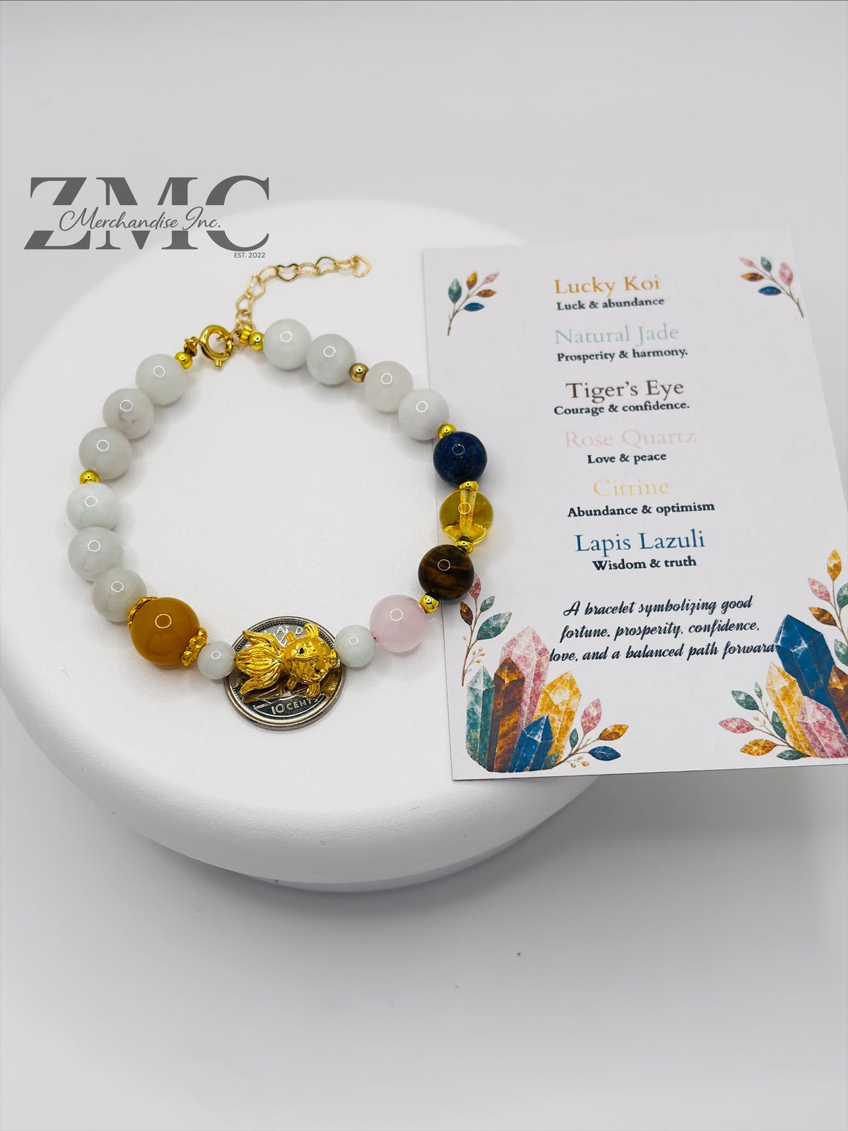 18K Gold Lucky Koi Fish Bracelet Mix Lucky Stone ( Hollow Empty Inside)
