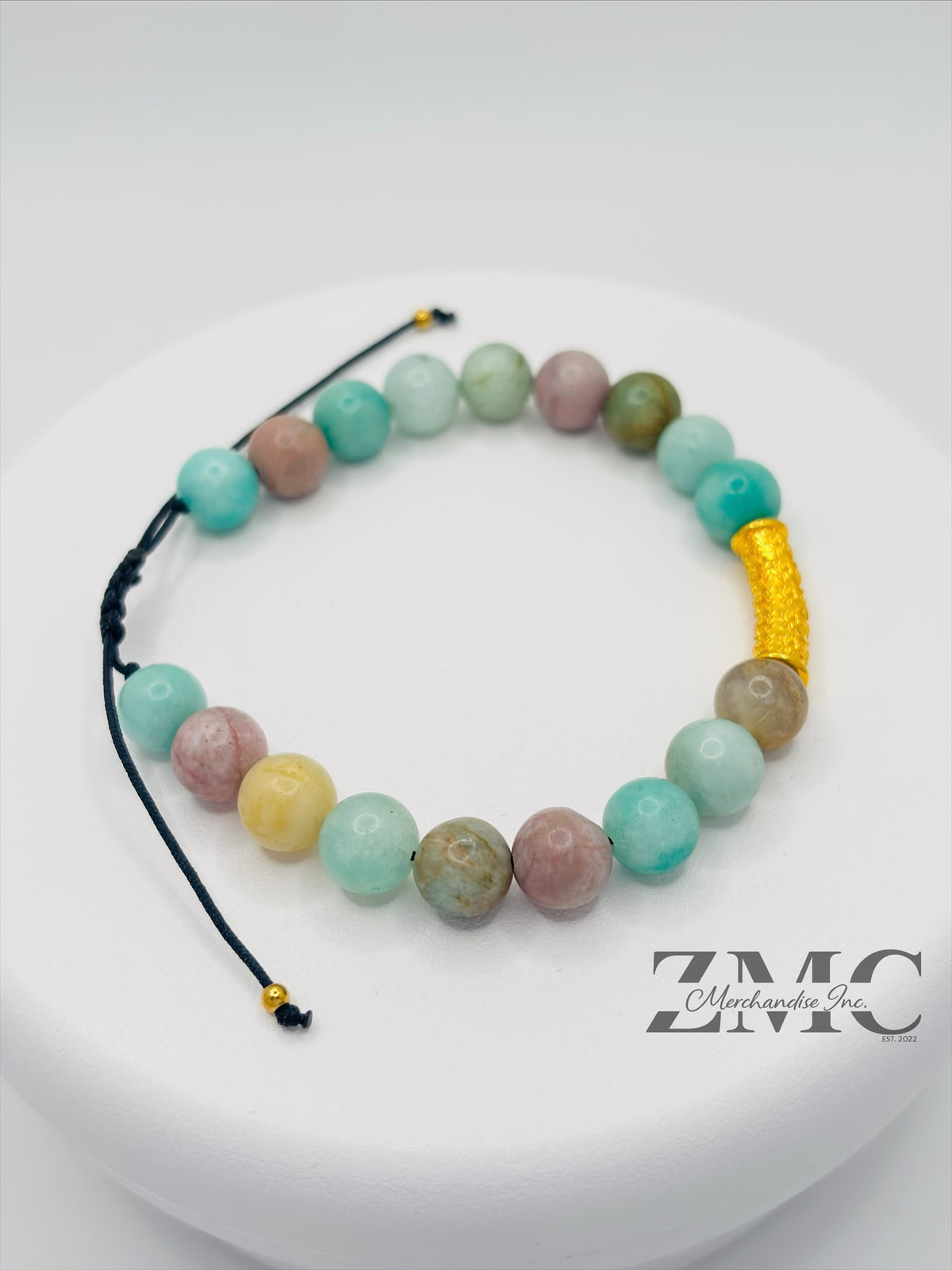 18K Gold  Lucky Baifu Tube Pink Jasper, Amazonite Bracelet  ( Hollow Empty Inside)