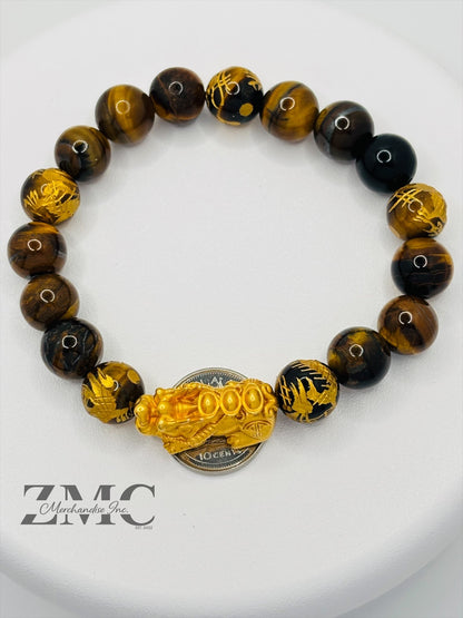 18K Gold Lucky Piyao/ Pi Xiu  Bracelet Tiger Eye Dragon Stone( Hollow Empty Inside) Extra Large Matte