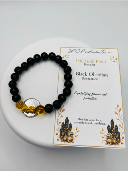 18K Gold Lucky Piyao/ Pi Xiu Citrine Black Obsidian Bracelet ( Hollow Empty Inside) Small