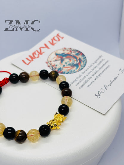 18K Gold Lucky Koi Fish Bracelet Citrine, Onyx, & Tiger Eye Stone ( Hollow Empty Inside)