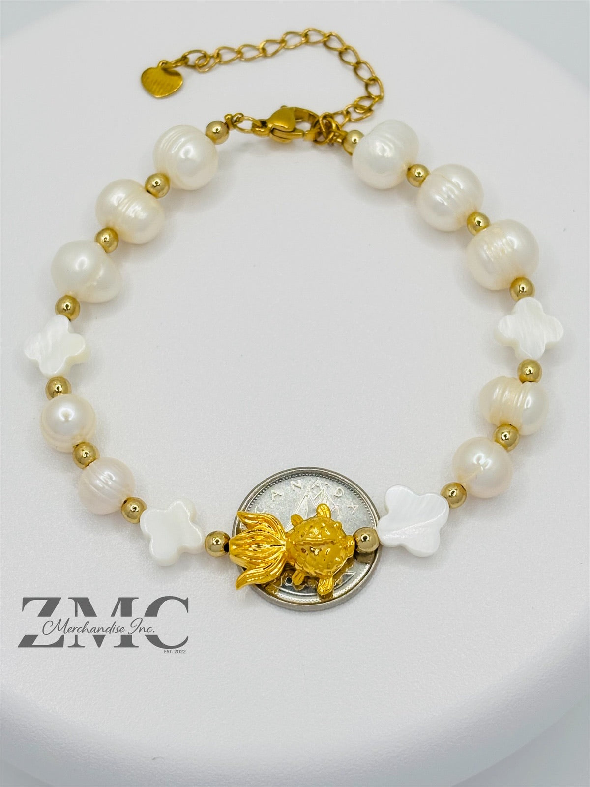 18K Gold Lucky Koi Fish Bracelet Fresh Water Pearl Stone ( Hollow Empty Inside)