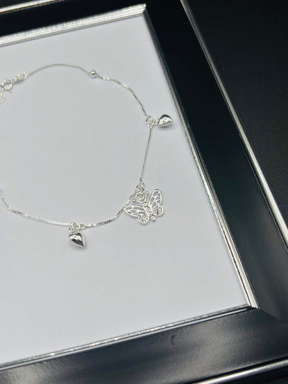 S925 Silver Heart Butterfly Anklet
