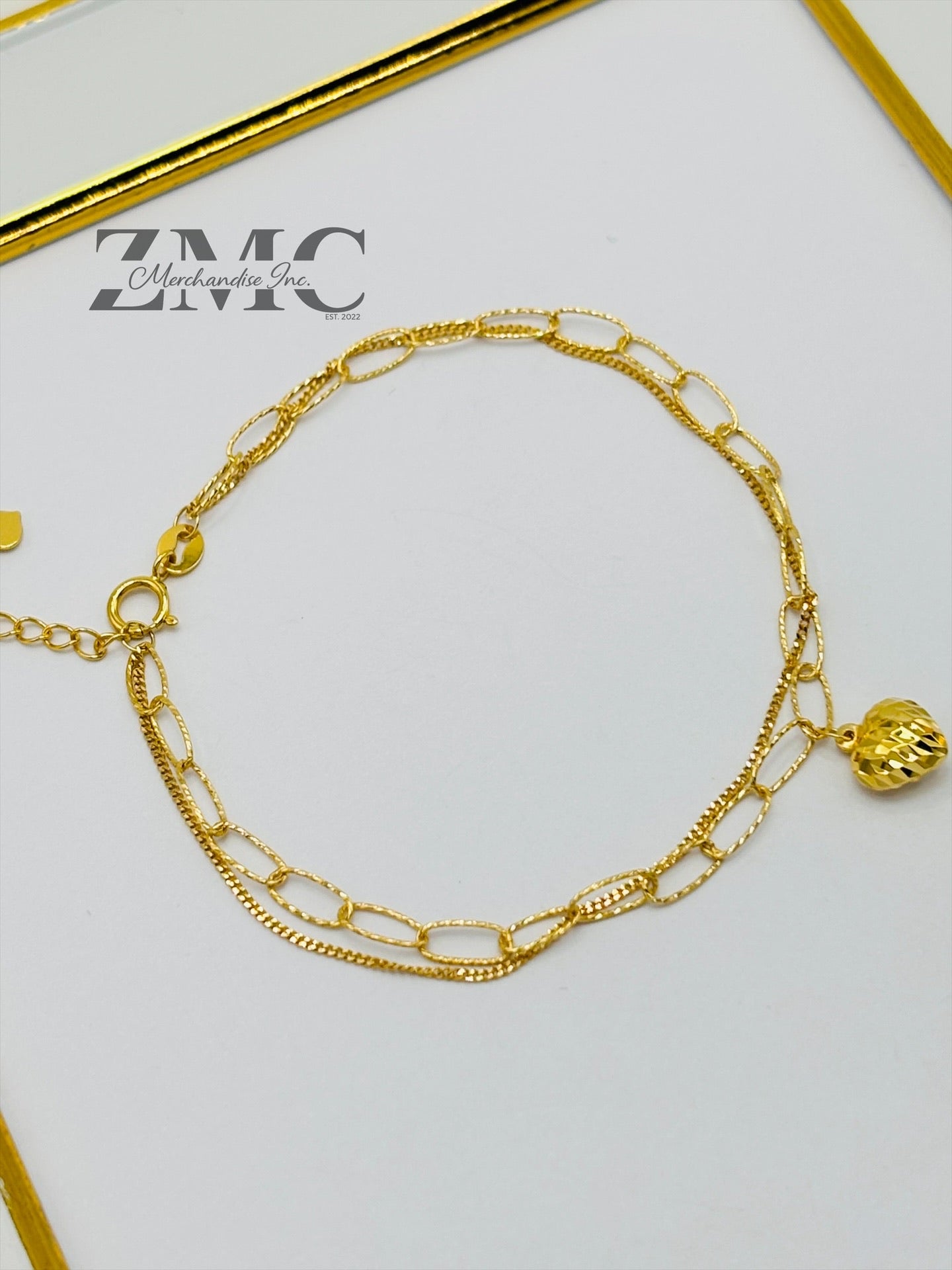 18K Gold Paperclip Double with Heart Charm Bracelet