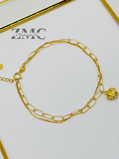 18K Gold Paperclip Double with Heart Charm Bracelet