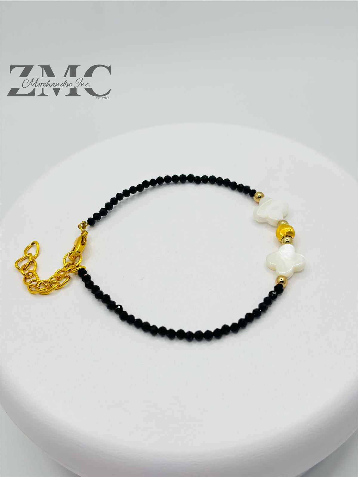 18K Gold Cats Eye Ball with Black Spinel Stone & Four Leaf Fresh Water Pearl