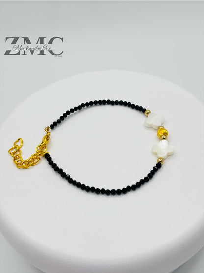 18K Gold Cats Eye Ball with Black Spinel Stone & Four Leaf Fresh Water Pearl