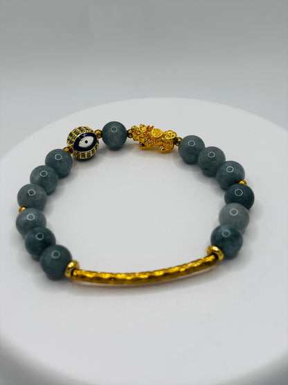 18K Gold Lucky Piyao/ Pi Xiu Burma Green Jasper Evil Eye Bracelet ( Hollow Empty Inside) Medium
