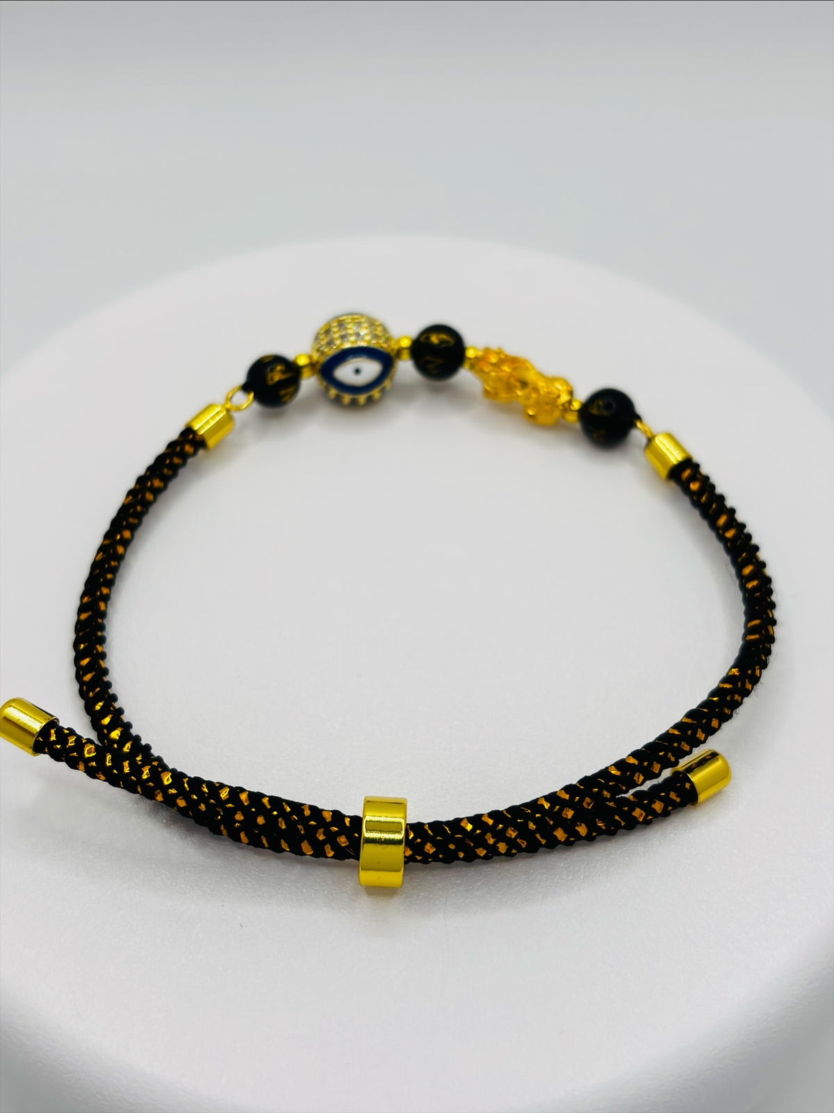 18K Gold Lucky Piyao/ Pi Xiu Evil Eye Black Mantra String Bracelet ( Hollow Empty Inside) Small