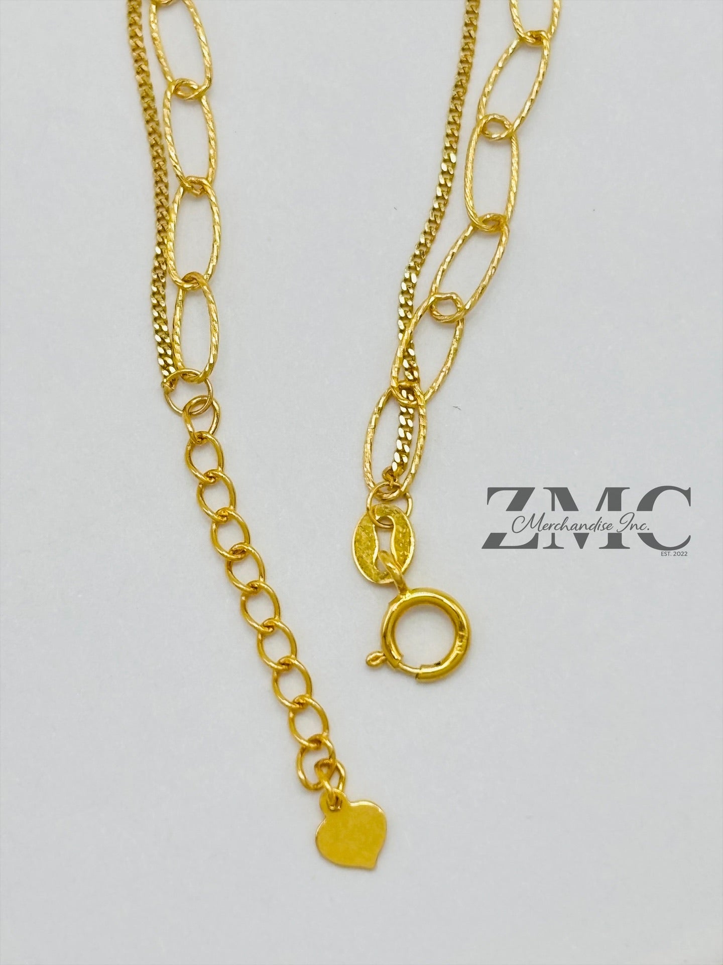18K Gold Paperclip Double with Heart Charm Bracelet