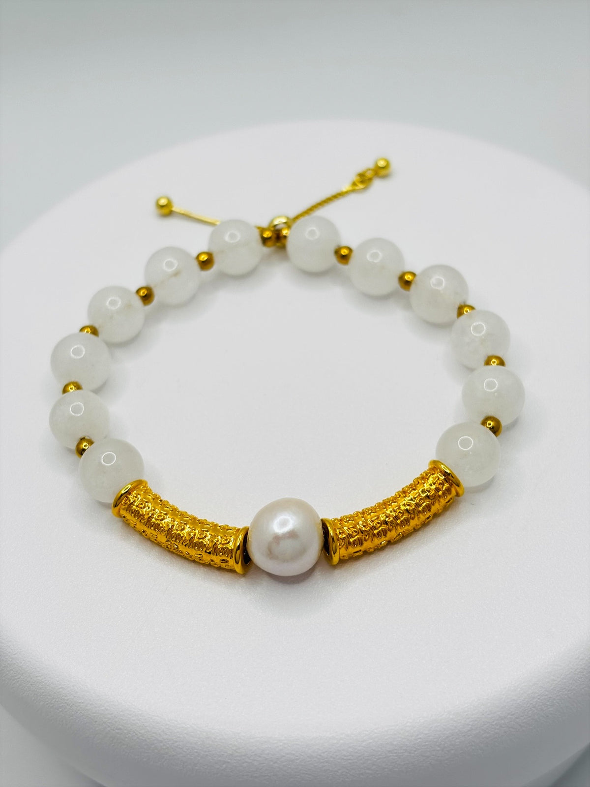 18K Gold Double Lucky Baifu Tube Pearl White Quartz Bracelet  ( Hollow Empty Inside)