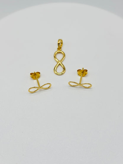 18K Gold Infinity Earrings and Pendant Set
