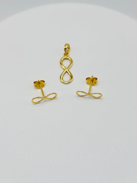 18K Gold Infinity Earrings and Pendant Set