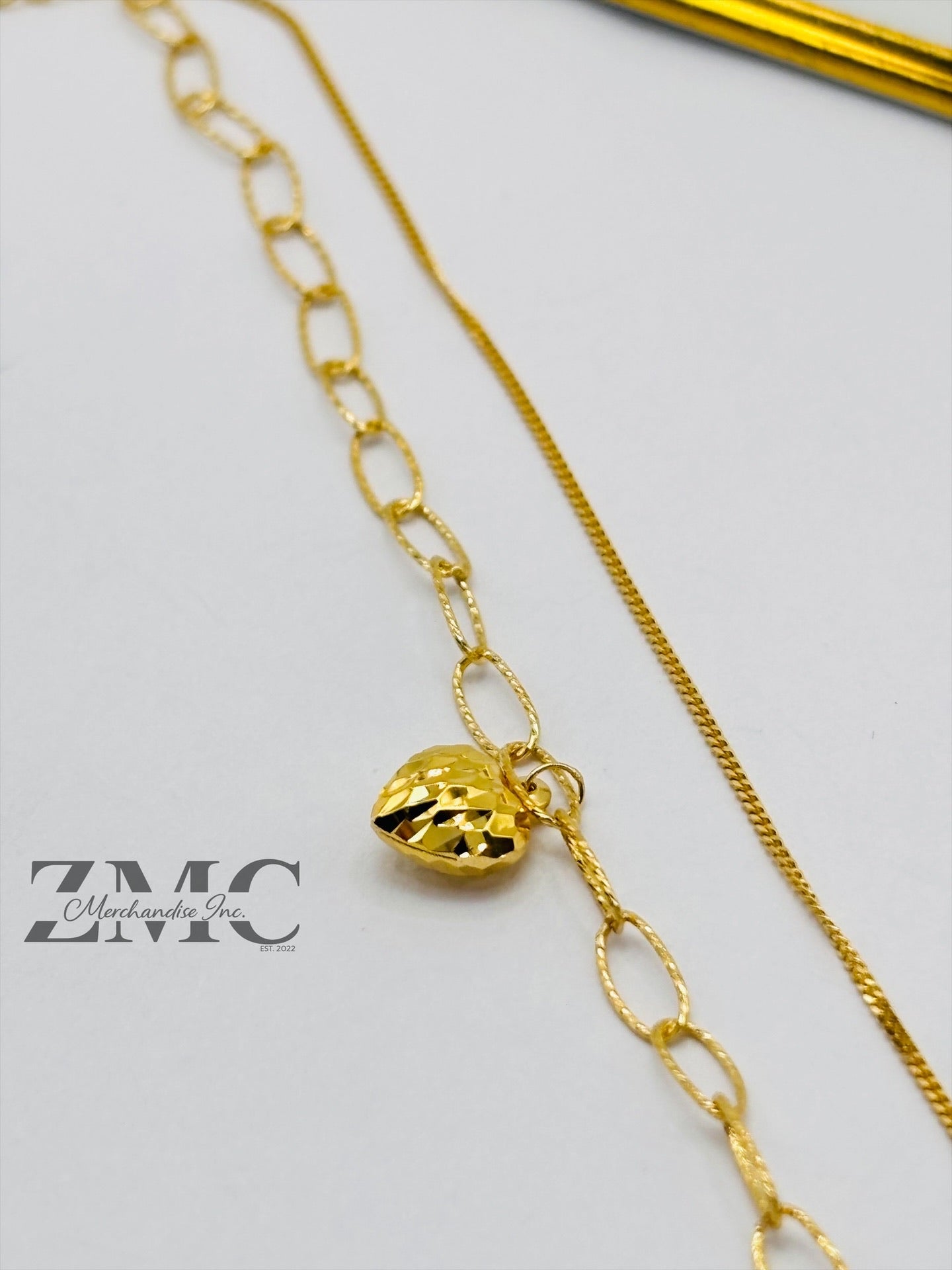 18K Gold Paperclip Double with Heart Charm Bracelet