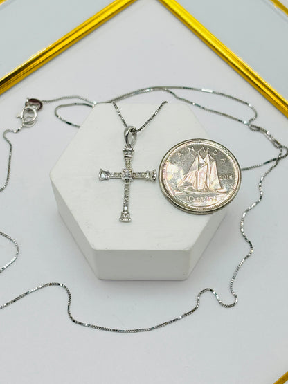 18K White Gold Cross Natural Diamond Necklace