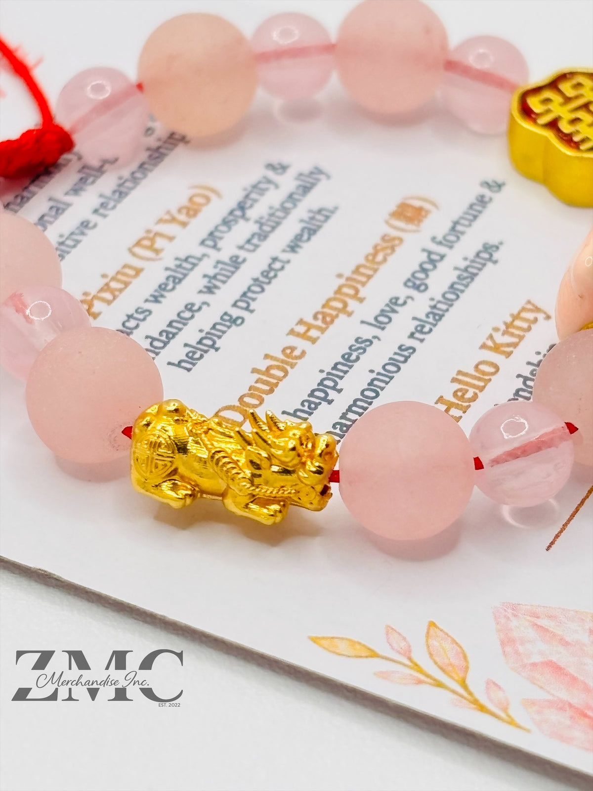 18K Gold  Lucky Piyao/ Pi Xiu Rose Quartz Matte Stone HK Kids Bracelet  ( Hollow Empty Inside) Small